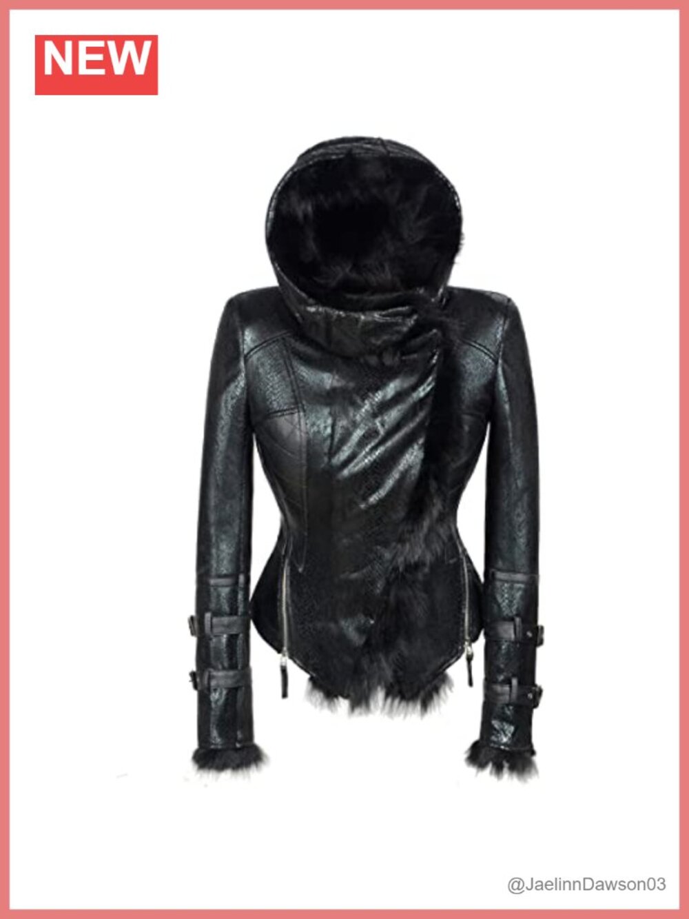 Faux Leather Moto Biker Jacket with Fixed Fur Lapel & Lining